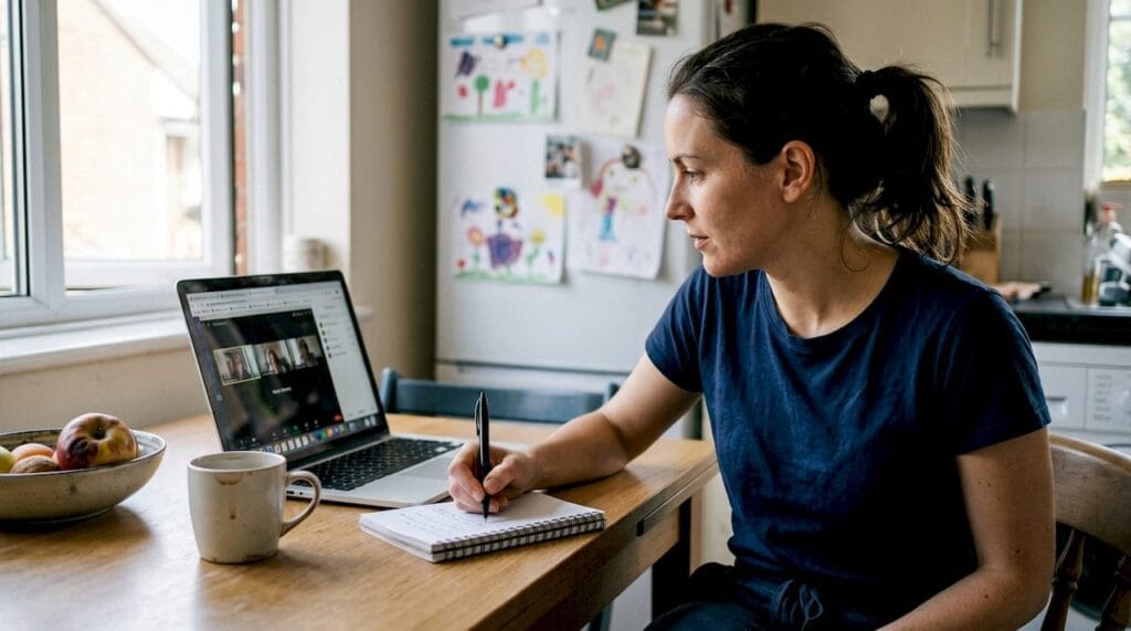 Remote worker in kitchen on video call