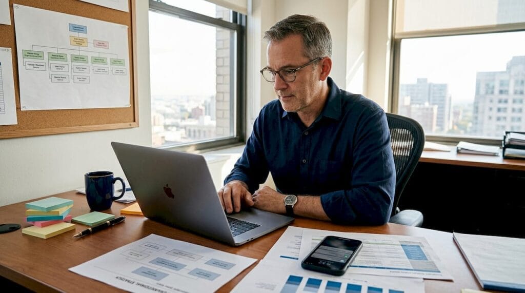 Professional reviewing business workflow documents