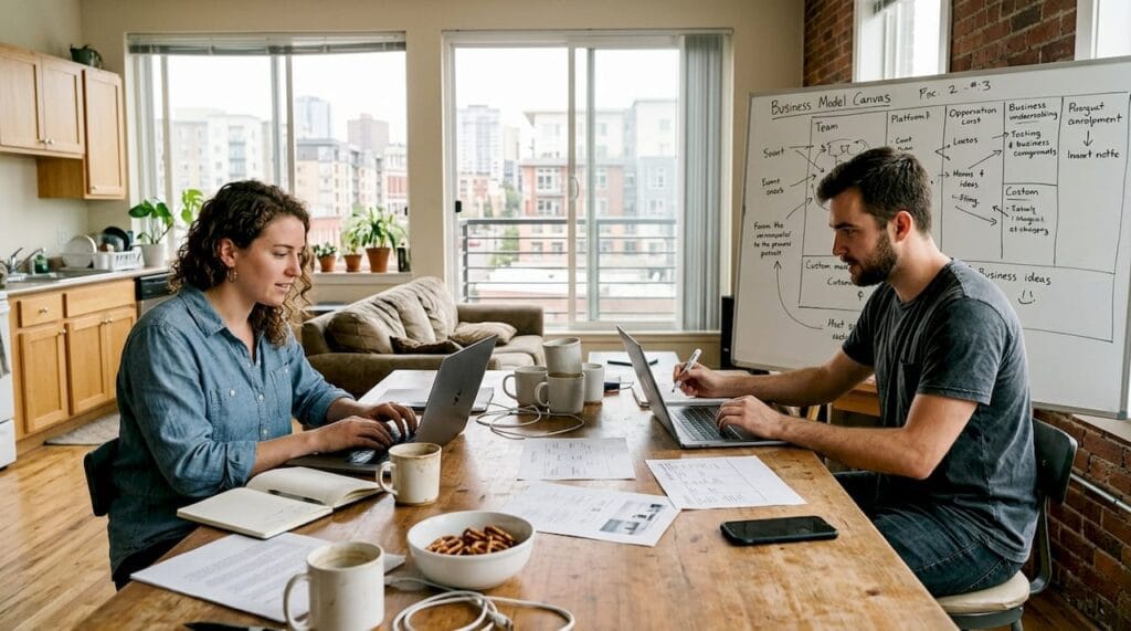 Startup founders collaborating in bright home workspace