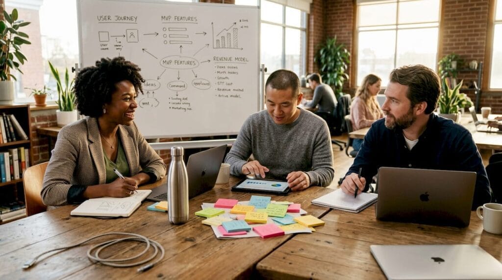 Entrepreneurs brainstorming at coworking table