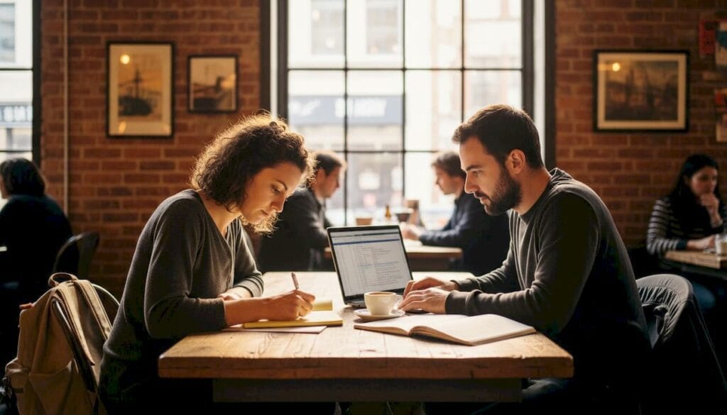 Startup founders discussing frameworks at café