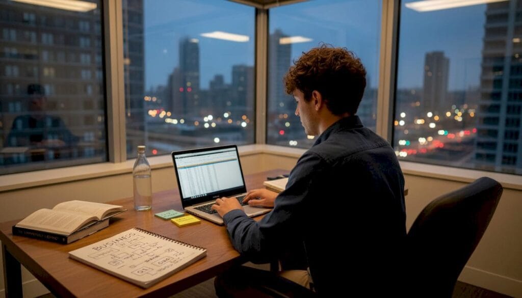 Startup founder working late in office