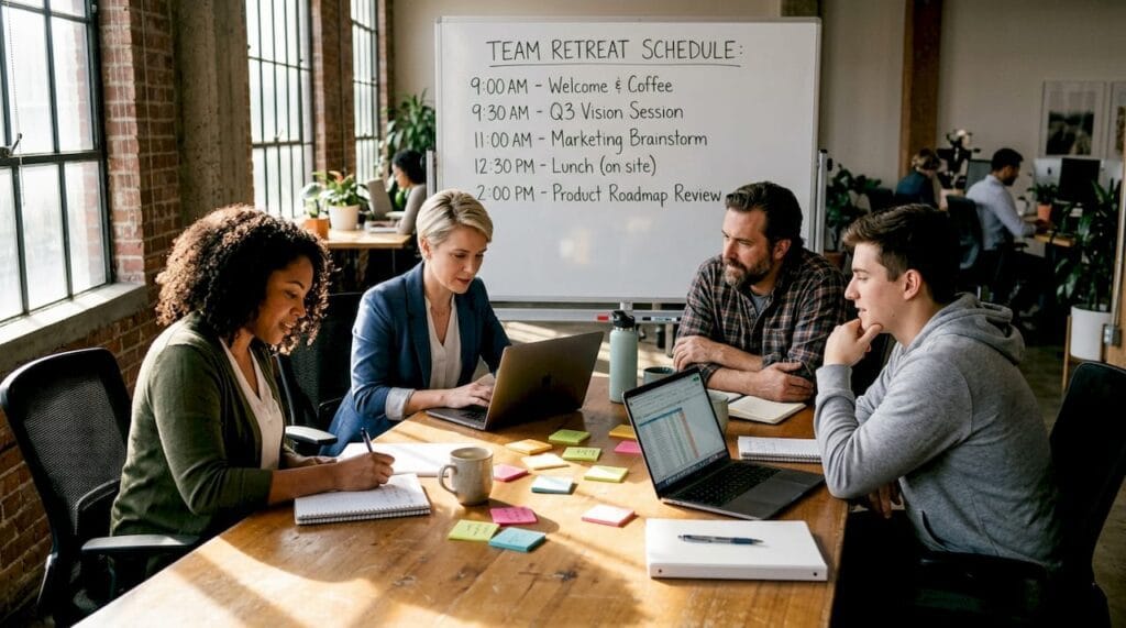 Entrepreneurs collaborating at retreat conference table