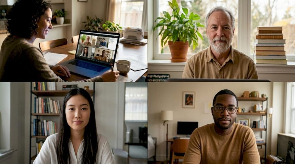 Four remote workers in video meeting at home