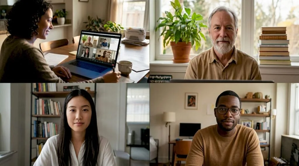 Four remote workers in video meeting at home