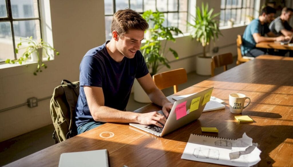 Entrepreneur typing at cluttered workspace