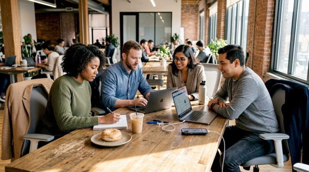 Entrepreneurs in coworking space group coaching session