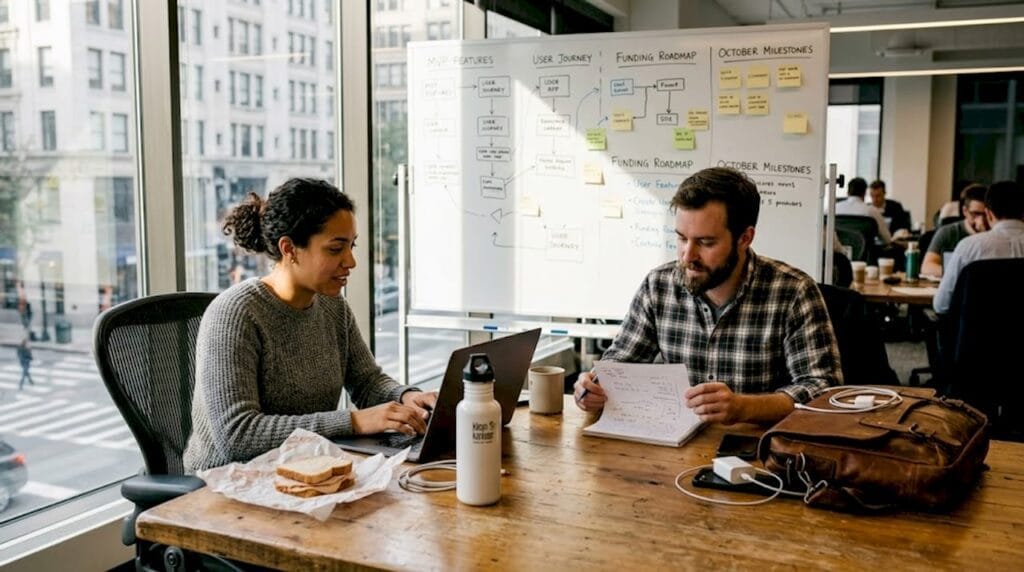 Startup founders collaborating at coworking table