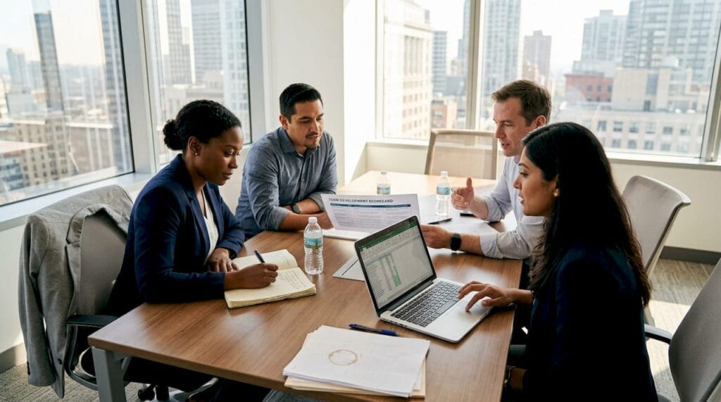 Startup leadership team collaborating in office