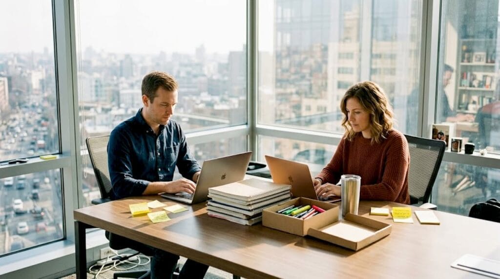 Entrepreneurs collaborating in corner office