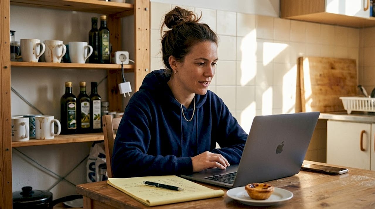 Entrepreneur on international video call in kitchen