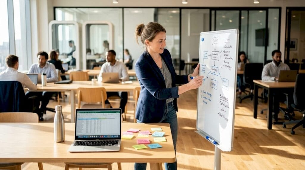 Startup founder ideating by whiteboard