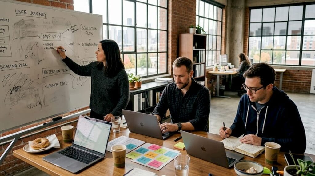 Startup founders collaborate in sunlit office