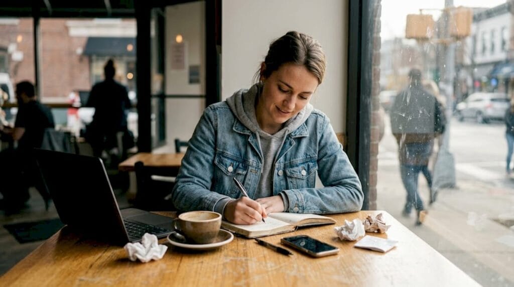 Founder taking startup validation notes in café