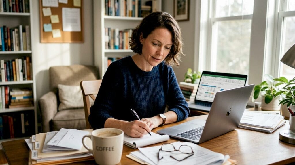 Entrepreneur reviewing paperwork at cluttered desk