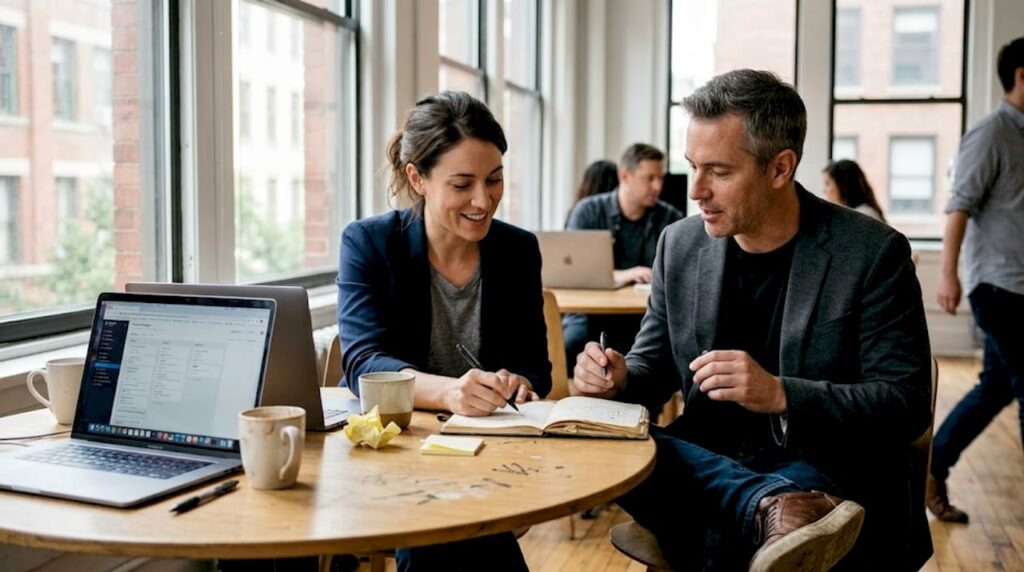 Entrepreneurs brainstorming ideas in shared workspace