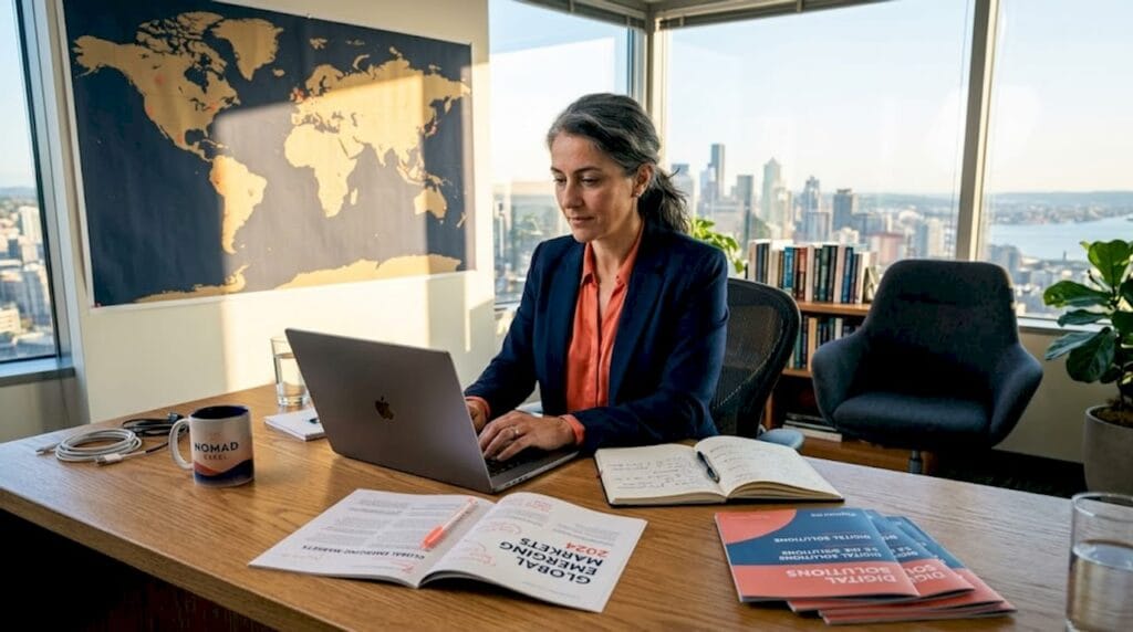 Businesswoman working on global strategy office