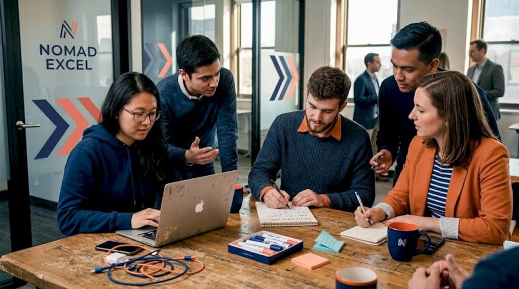 Startup founders collaborating at a coworking table