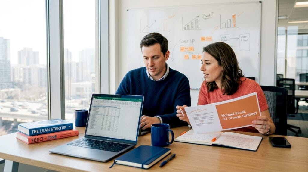 Founders networking in sunlit shared office
