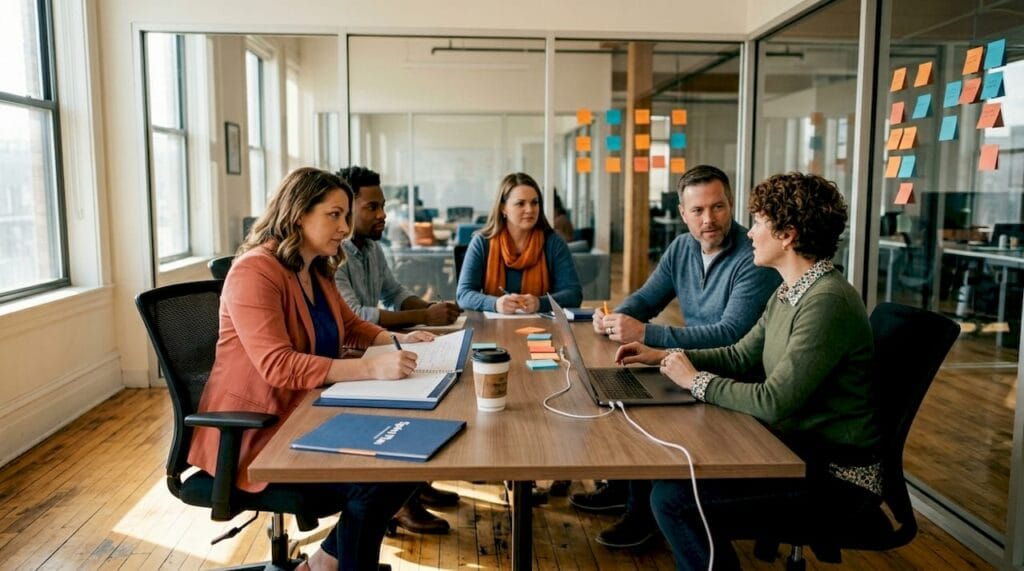 Entrepreneurs collaborating in shared bootcamp workspace