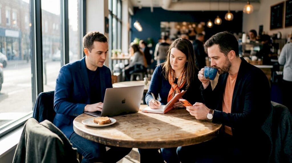 Startup founders collaborating at café table