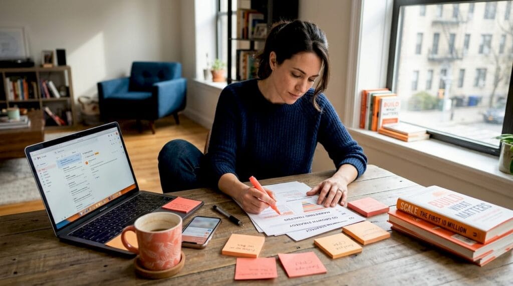 Entrepreneur refining business offer at home table