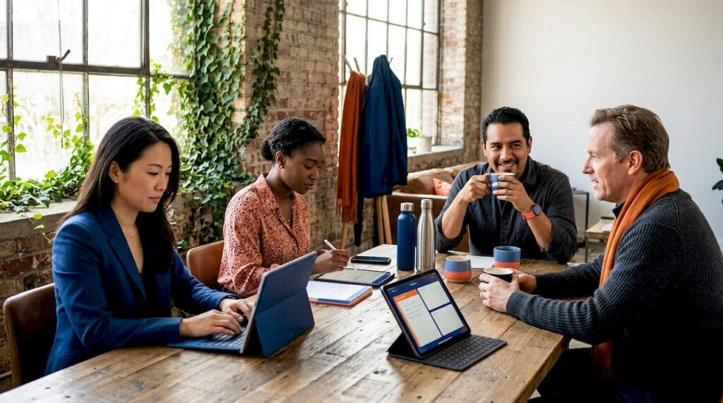 Entrepreneurs collaborating in coworking space