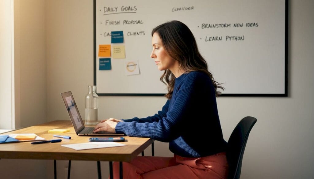 Founder working in home office with goal board