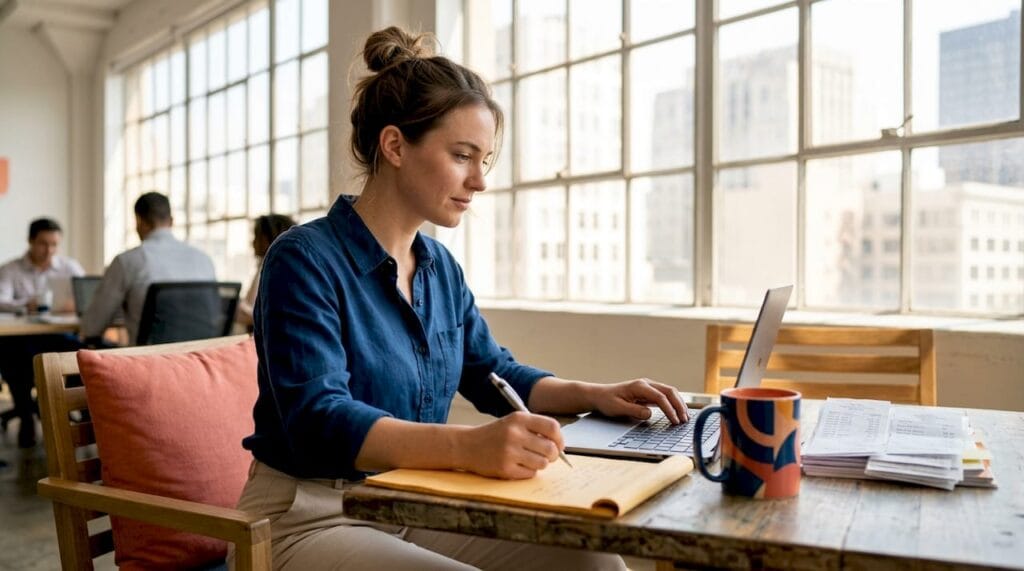 Entrepreneur working at downtown coworking table