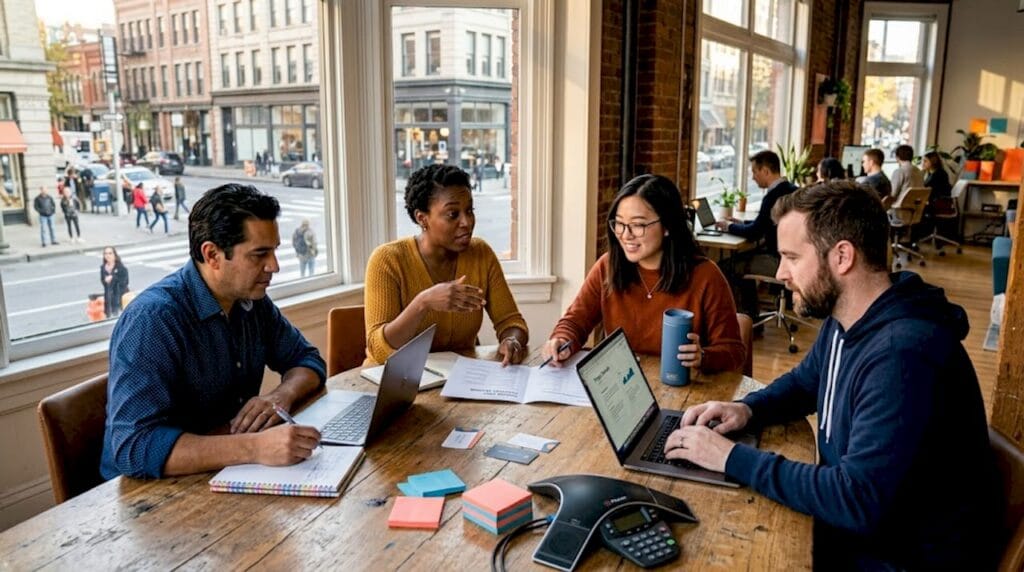 Startup founders collaborating at coworking table