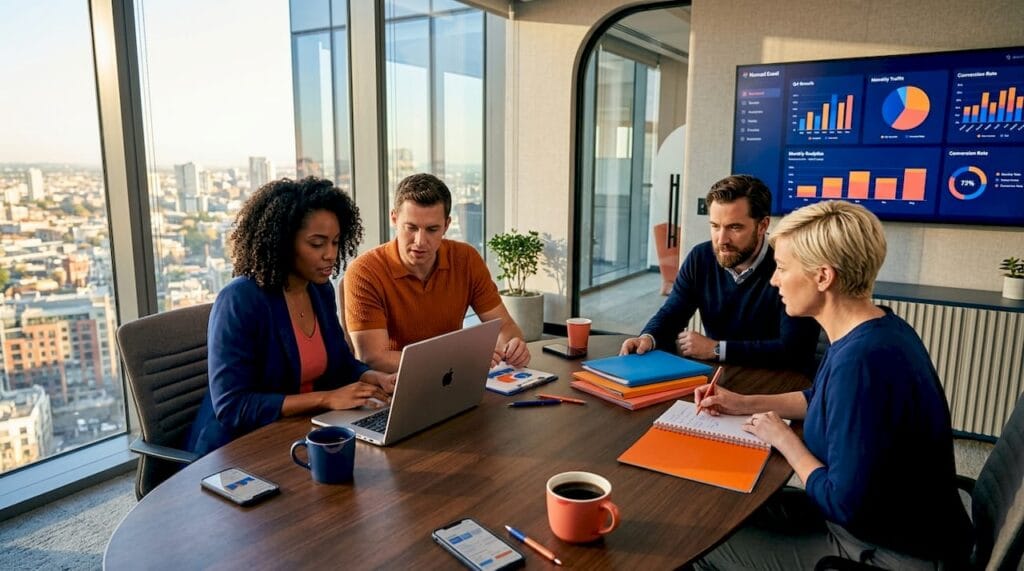 Team reviewing goals in glass-walled office
