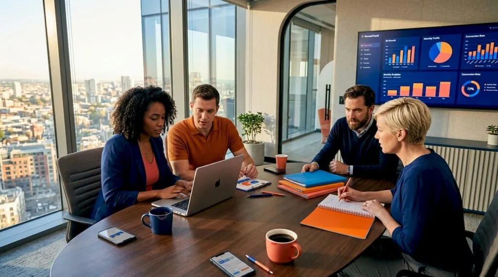 Team reviewing goals in glass-walled office