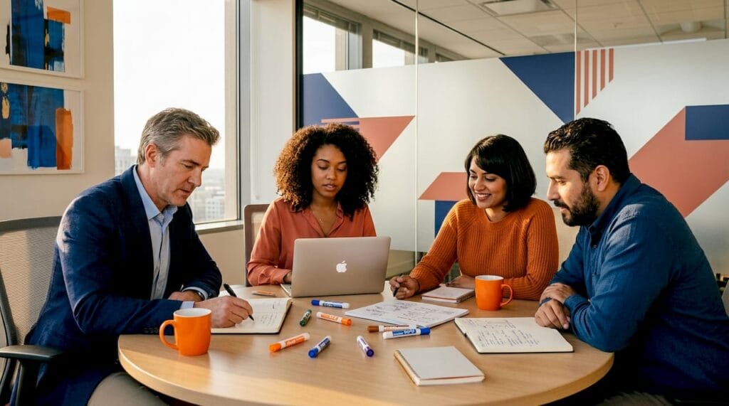 Team in candid creative office meeting