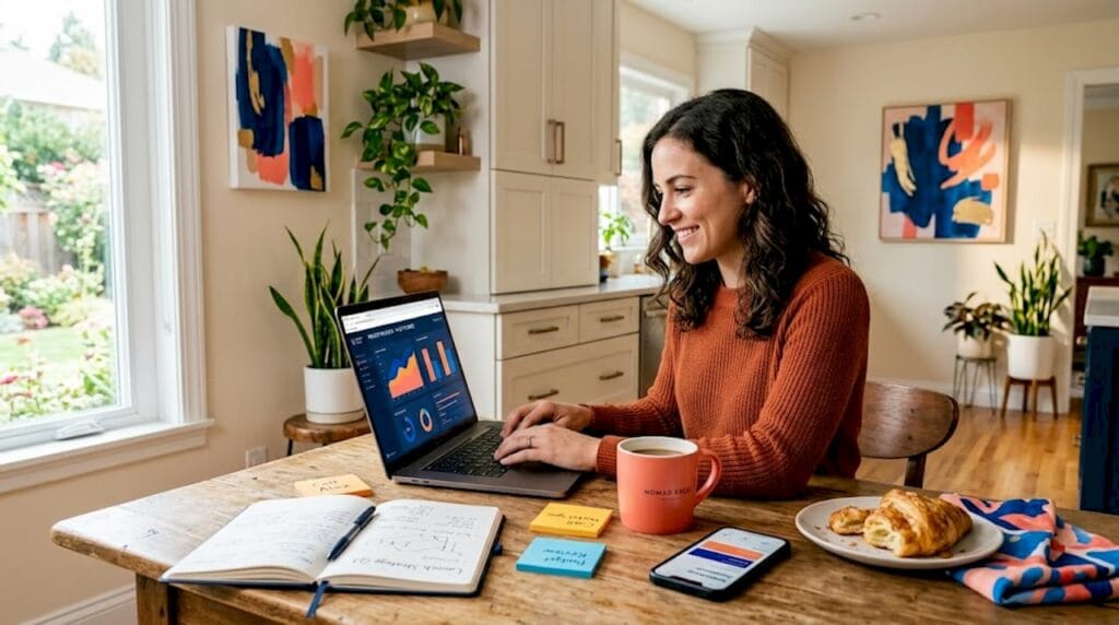 Entrepreneur working at kitchen table workspace
