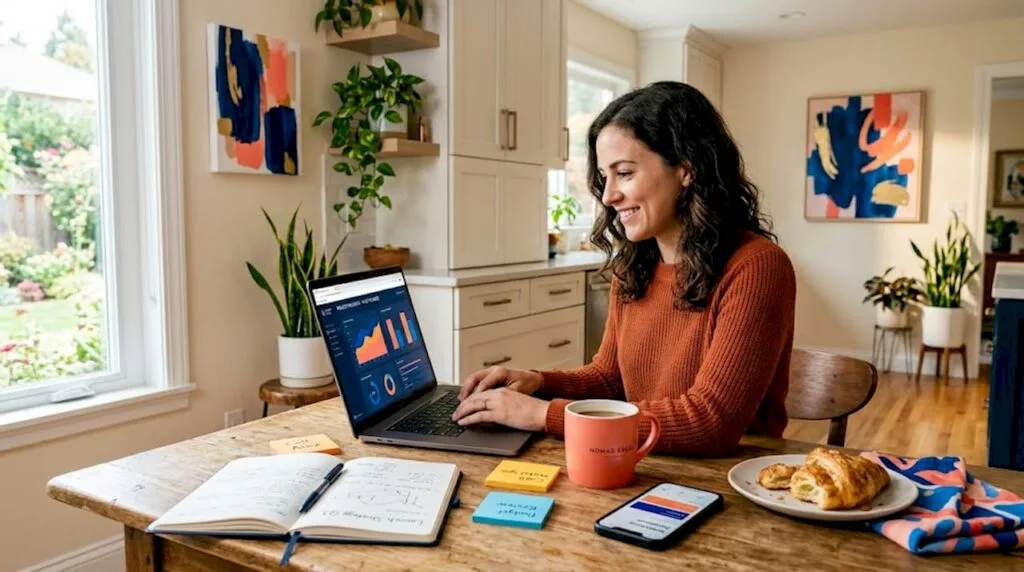 Entrepreneur working at kitchen table workspace