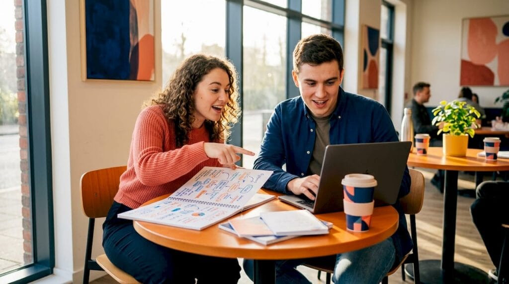 Startup founders collaborating at shared workspace table