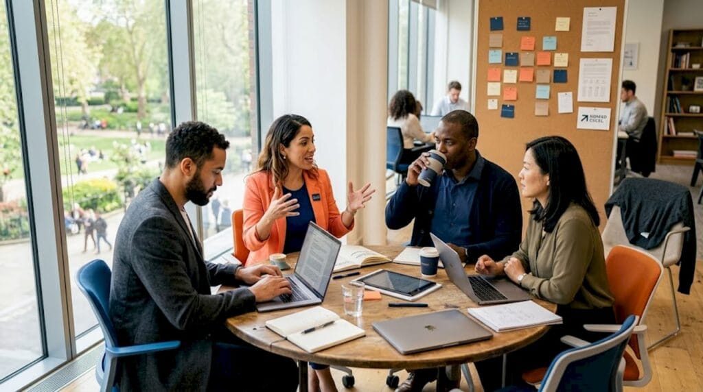 Professionals in mentorship meeting sharing ideas