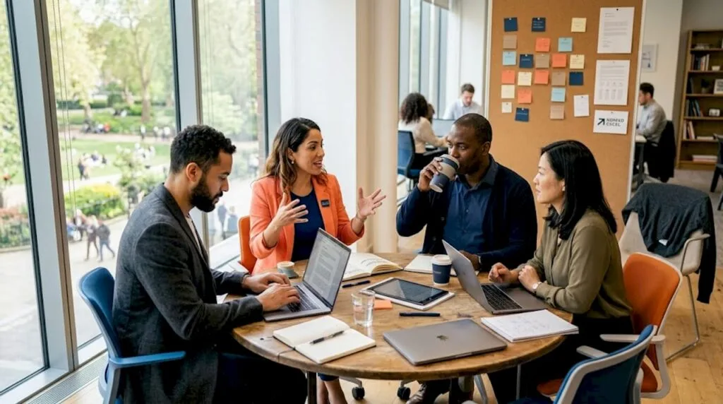 Professionals in mentorship meeting sharing ideas