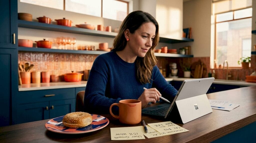 Founder checking metrics on tablet at breakfast bar