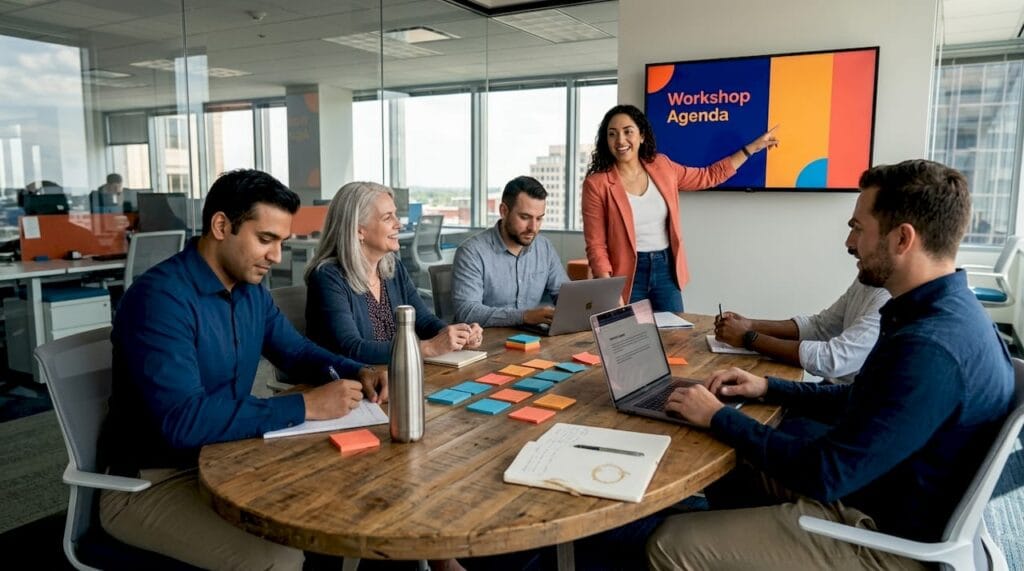 Team working in a lively innovation workshop