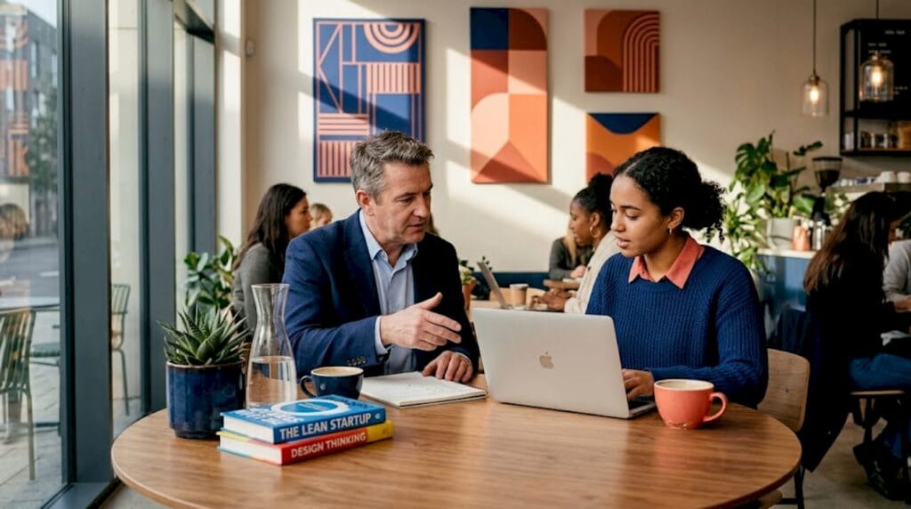 Mentor and mentee discuss at sunlit office table