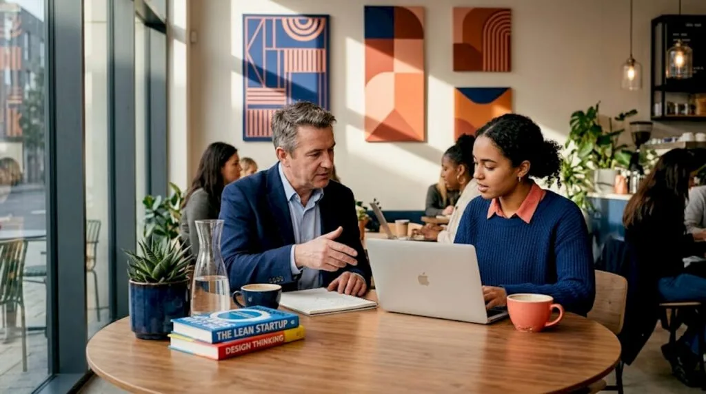 Mentor and mentee discuss at sunlit office table