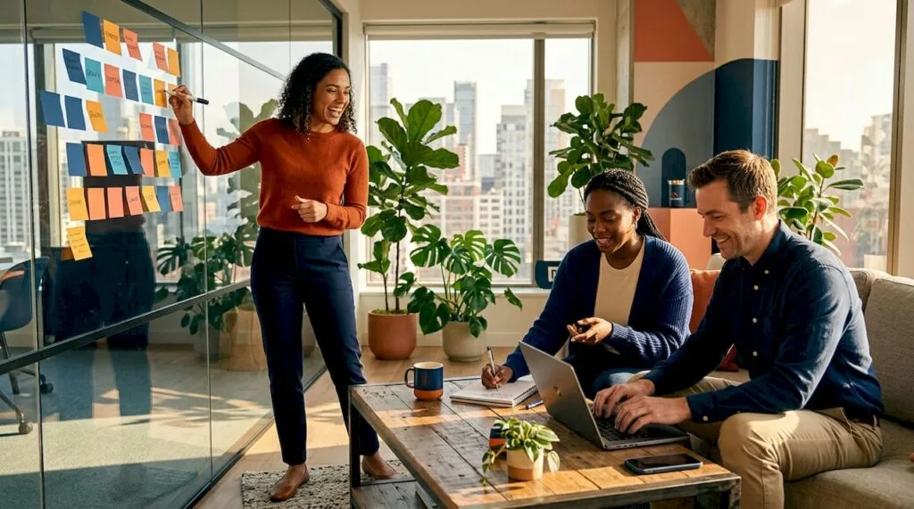 Colleagues brainstorming ideas in modern office