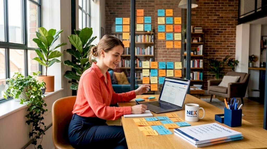 Startup founder at table with laptop and notes