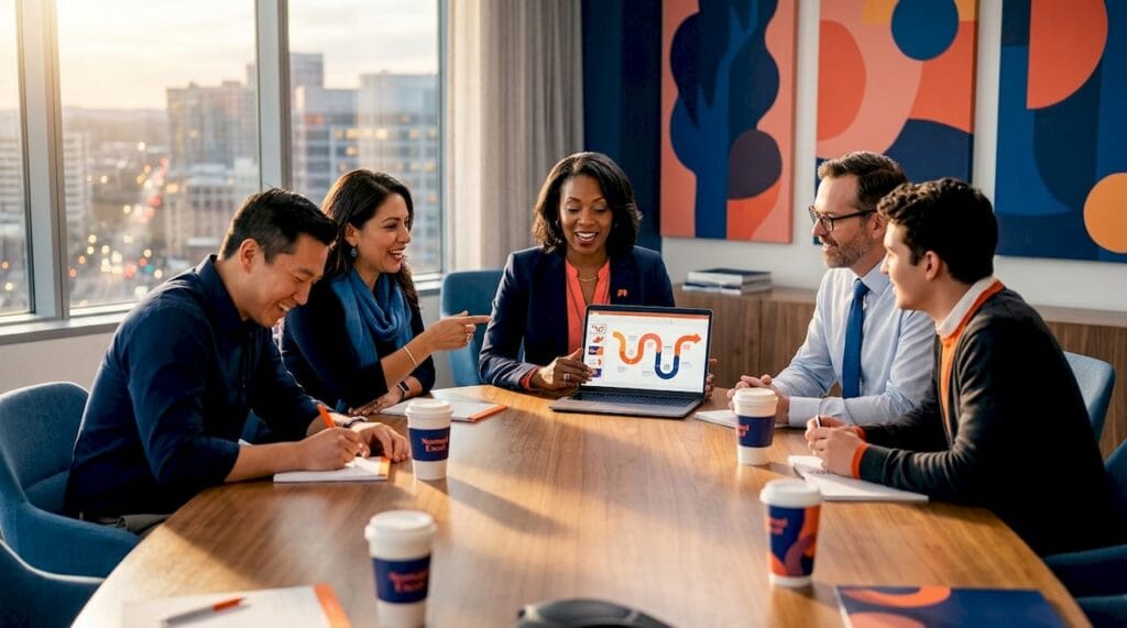 Executives in animated strategy discussion