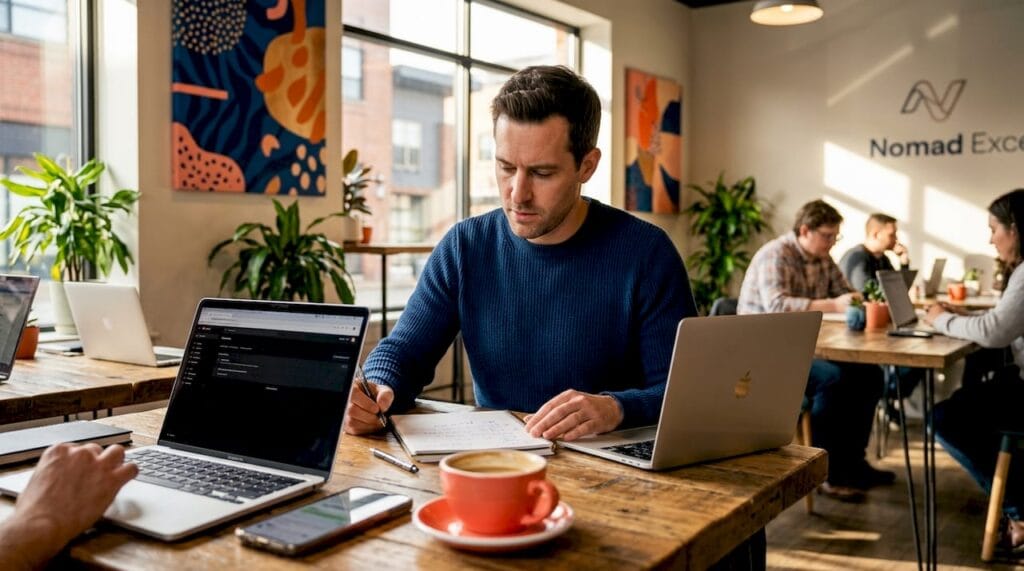 Startup founder reviewing notes with workspace surroundings