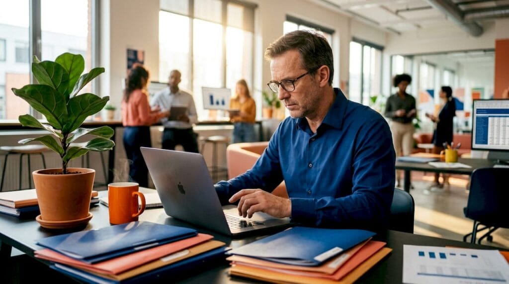 Entrepreneur reviewing business notes in home office
