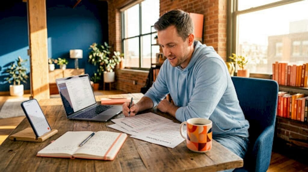 Founder reviewing startup launch checklist at desk