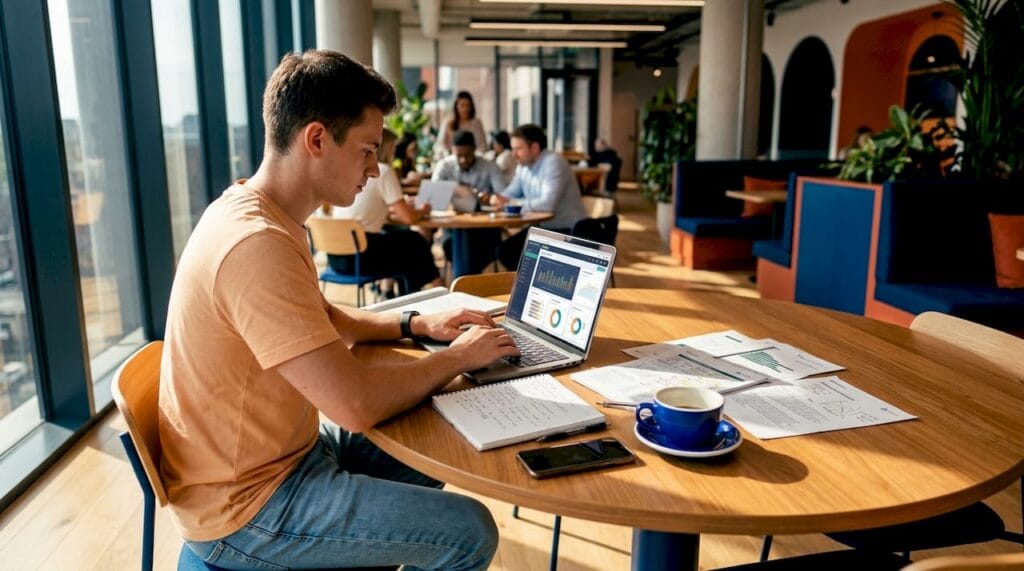 Student engaged in experiential business education in café