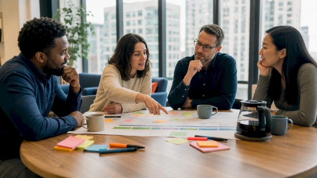 Team planning a business sprint in conference room